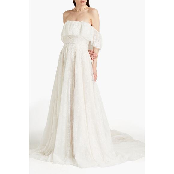 Theia Imelda off-the-shoulder embellished Chantilly Ivory lace bridal gown sz O - Picture 3 of 16